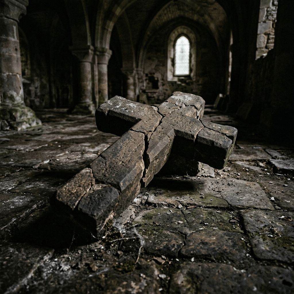Cracked stone cross resting on floor inside abandoned church with arched windows
