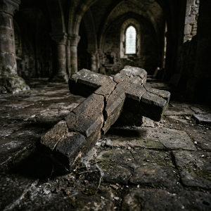 Cracked stone cross resting on floor inside abandoned church with arched windows
