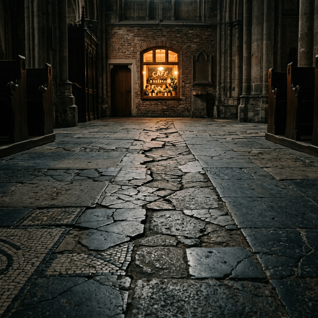 Warmly lit cafe window inside a dark historic church with cracked stone floor tiles