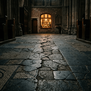 Warmly lit cafe window inside a dark historic church with cracked stone floor tiles